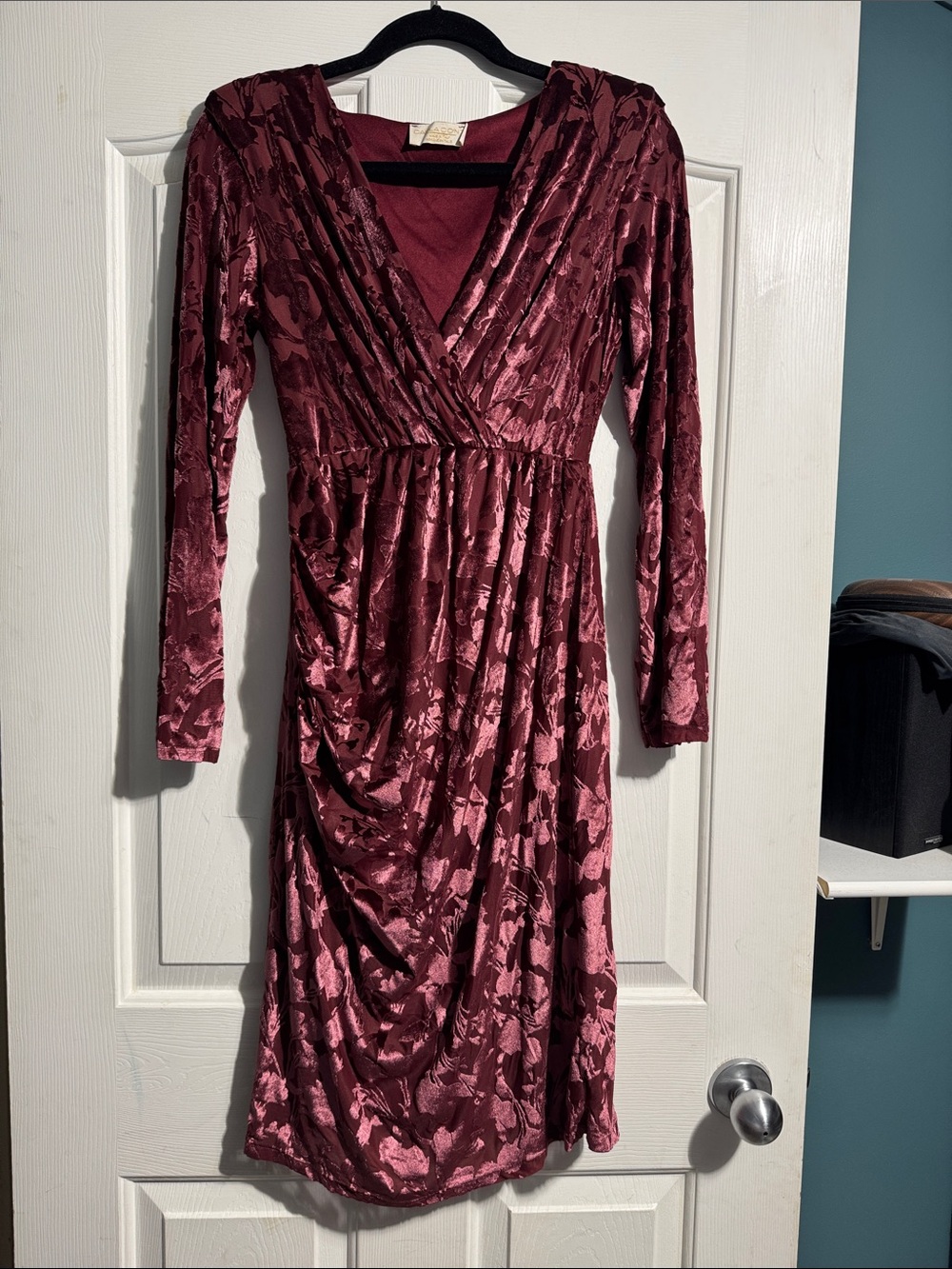Carla Conti Velvet Burnout Dress Made in Italy Dark Rose Shoulder Pad Midi M